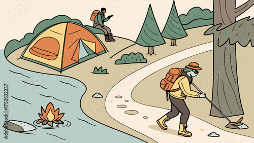 Outdoor Campers and Hikers by Lake, Enjoying Nature and Practicing Eco-Friendly Trail Cleanup. Relaxing Adventure and Sustainable Travel.