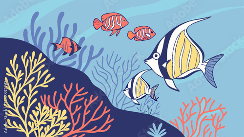 Vibrant Ocean Underwater Scene with Colorful Tropical Fish and Coral Reefs for Kids Education Marine Biology and Environmental Awareness