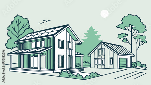 Modern Sustainable Home with Solar Panels and Garage Green Energy for Eco-Friendly Living and Real Estate Investment Line Art Illustration