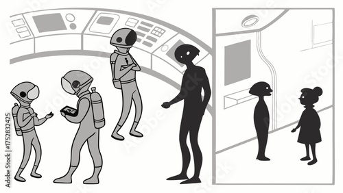 Alien Astronauts and Diverse Extraterrestrials Interacting in Futuristic Spaceship Control Room. Space Exploration and Future Technology.