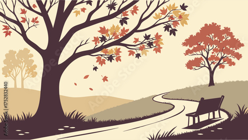 Peaceful Autumn Park Landscape Vector Illustration. Fall Trees with Colorful Leaves, Winding Path, Park Bench. Nature Background for Seasonal Marketing and Web Design.