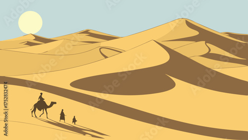 Desert Caravan Journey Across Vast Golden Sand Dunes Under Sunny Sky Adventure Travel Exploration and Perseverance