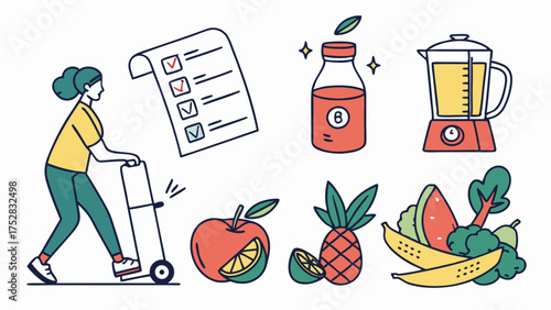 Active Woman with Healthy Grocery Checklist Fresh Fruits Vegetables Blender and Smoothie Juice Prep for Wellness Diet