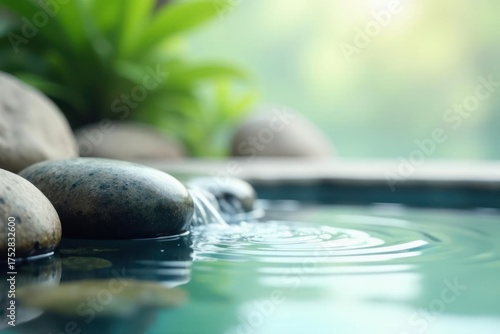 Serene water feature with smooth stones and gentle flowing water creating calming ripples in a tranquil outdoor setting