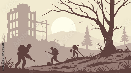 Military Patrol with Robot in Post Apocalyptic Ruined City Landscape at Sunset for Survival and Sci Fi Gaming