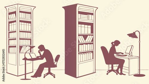 Focused Students Studying and Researching in a Library Academic Learners Acquiring Knowledge and Reading Vintage Illustration Style