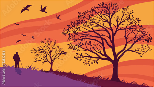 Elderly Man Walking Uphill at Sunset with Bare Trees and Flying Birds, Peaceful Nature Scene for Wellness and Retirement