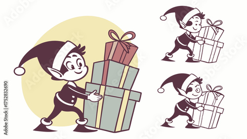 Cheerful Retro Christmas Elf Carrying Stack of Holiday Gifts for Festive Marketing Retail and Web Design