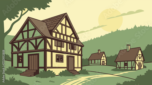 Charming Medieval Village Illustration with Traditional Half Timbered Houses and Sunny Rural Landscape for Historical Storytelling and Game Design