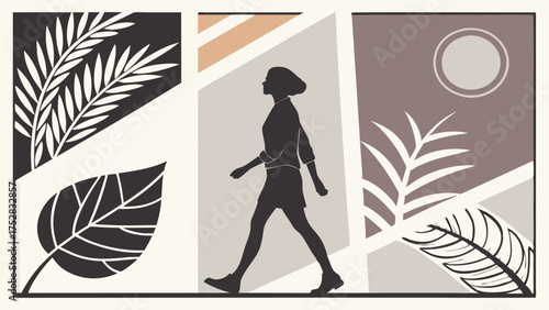 Mindful Woman Walking Silhouette with Botanical Leaves for Wellness Health Lifestyle and Personal Growth Illustration