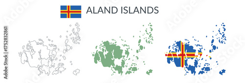 Aland Islands geographical borders isolated on white background. Flag of Aland Islands. Vector flat cliparts.