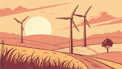 Eco-Friendly Wind Turbines Generating Clean Renewable Energy at Sunset in Rural Landscape Sustainable Power Future Illustration