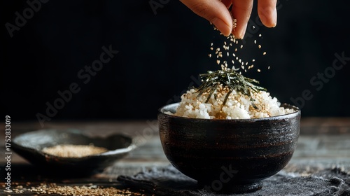 Hand Sprinkling Furikake on Rice in a Lacquer Bowl Against Dark Background