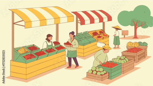 Local Farmers Market Illustration. Vendors Selling Fresh Organic Fruits and Vegetables to Shoppers. Healthy Food, Sustainable Business, Community Commerce.