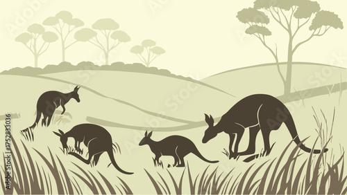Iconic Australian Kangaroos in Outback Landscape Silhouette Illustration for Wildlife Tourism and Educational Content