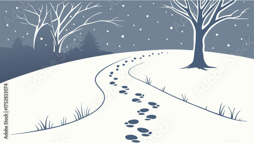 Fresh Snow Footprints Winding Path in Quiet Winter Landscape with Bare Trees and Falling Snowflakes for Seasonal Travel and Holiday Marketing