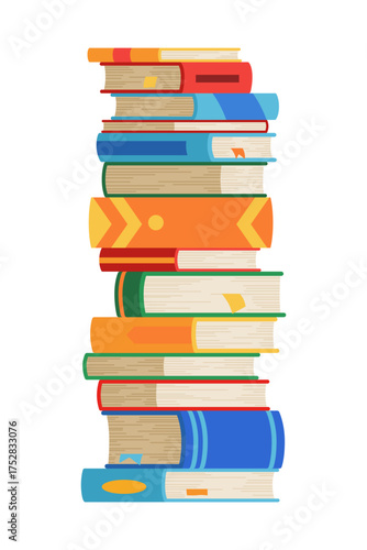 High book stacks or pile. Library textbooks and school literature heaps, dictionaries. Bookstore advertise. Cartoon stacked books angle view with different colorful covers isolated on white