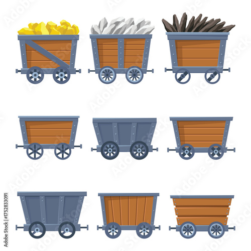 Collection of metal and wooden mine carts loaded with gold, crystals and stones or coal. Cartoon mine trolleys. Vector design illustration isolated on white background