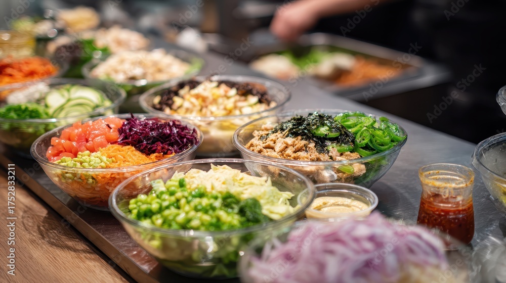 Obraz premium Fresh Ingredients in a Colorful Bowl Assembly Line for Meal Prep