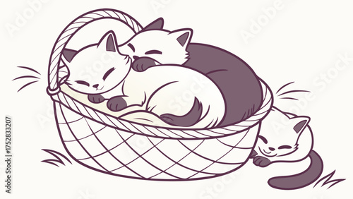 Adorable Kittens Snuggling Peacefully in Woven Basket Cute Pet Family Illustration for Pet Care Home Decor and Relaxation