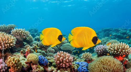 Wallpaper Mural Two vibrant yellow butterflyfish swim gracefully through a colorful coral reef teeming with marine life. Torontodigital.ca