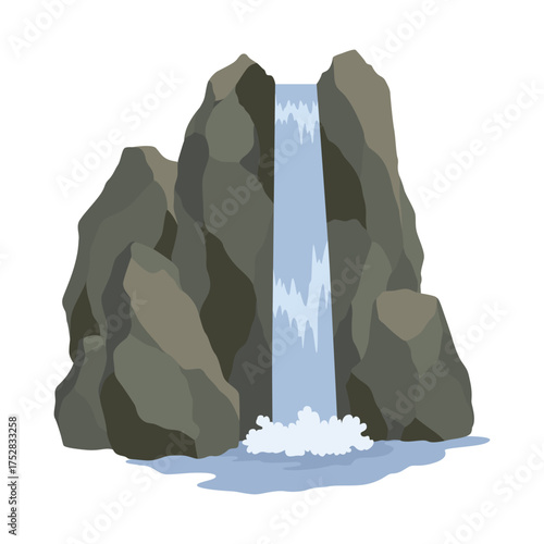 Cartoon river waterfall. Landscape with mountains and trees. Design element for travel brochure or illustration mobile game. Fresh natural water