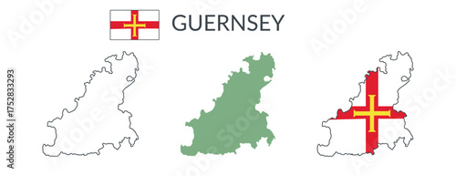 Guernsey geographical borders isolated on white background. Flag of Guernsey. Vector flat cliparts.