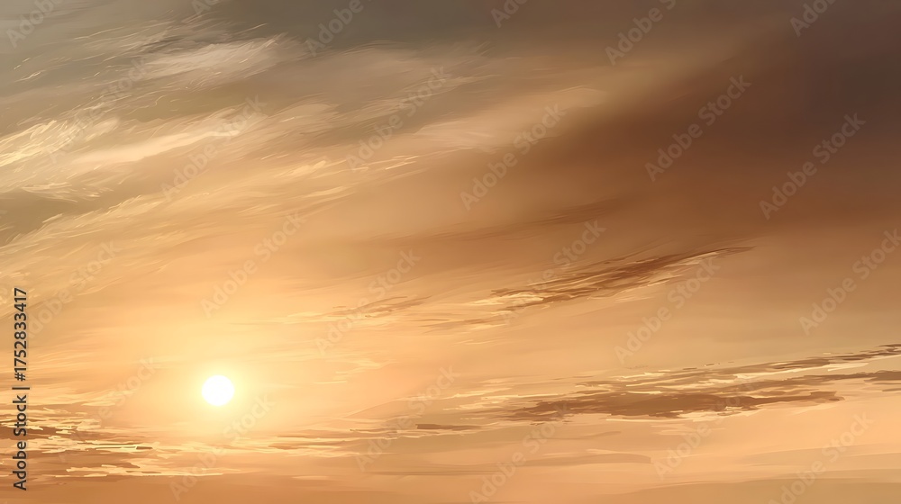 Obraz premium Sun descends through a sky of warm, swirling clouds.