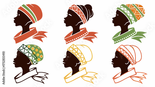 Elegant Black Women Silhouettes with Colorful Headwraps for Cultural Identity, Fashion, Beauty, and Empowerment Branding