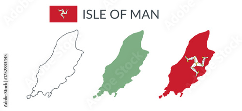 Isle of Man geographical borders isolated on white background. Flag of Isle of Man. Vector flat cliparts.