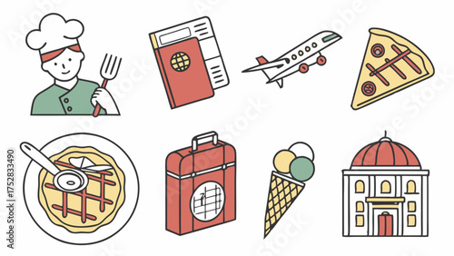 Italian Travel Food Vector Icons. Explore Europe's Culinary Delights and Historic Destinations. Perfect for Tourism Marketing and Vacation Planning.