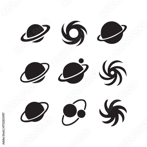 Collection of celestial bodies and cosmic phenomena icons representing planets galaxies and swirling vortices for space exploration and astronomy themes silhouette