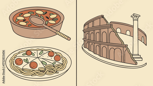 Italian Travel and Food Illustration Delicious Pasta Pizza and Iconic Roman Colosseum for Tourism Culinary Blogs and Cultural Guides