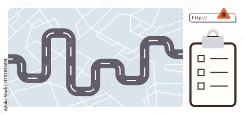 Winding road overlays map, next to checklist and browser alert icon, suggesting navigation, planning, cybersecurity, risk control, safety, decision-making and task management. Simple flat metaphor