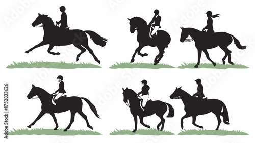 Dynamic Equestrian Horse Riding Silhouettes. Riders Galloping Trotting and Walking for Sport Training and Lifestyle Marketing Graphics.