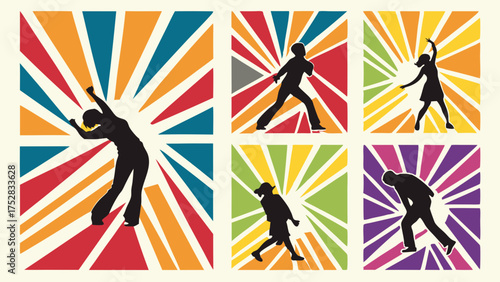 Energetic Silhouettes Dancing in Vibrant Sunbursts for Dance Fitness Class Promotion Event Marketing and Creative Arts