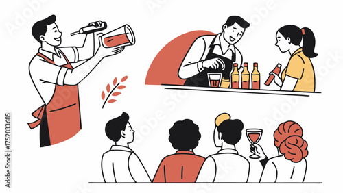 Professional Bartenders Mixing Cocktails and Serving Drinks to Happy Customers at a Lively Bar. Hand-Drawn Illustration for Hospitality, Social Events, and Nightlife.