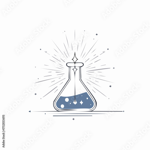 Stylized Laboratory Flask with Blue Liquid and Rays.