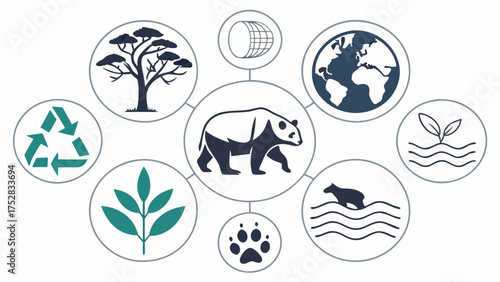 Panda Bear and Sustainability Icons for Global Environmental Protection, Wildlife Conservation, Recycling, and Green Business Initiatives
