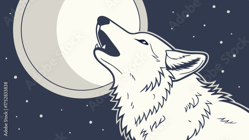 White Wolf Howling at Full Moon in Dark Night Sky. Majestic Primal Wilderness Illustration. Wild Spirit for Nature, Adventure, and Spiritual Branding.