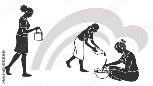 Women Cooking and Preparing Meals, Carrying Groceries, Daily Home Routine, Collaborative Domestic Tasks, Efficient Household Management