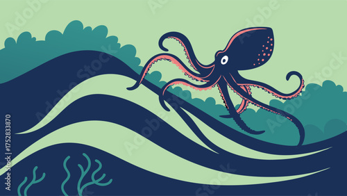 Agile Octopus Swimming Through Ocean Waves. Dynamic Marine Life Illustration for Environmental Conservation, Kids Learning, and Adventure Travel.