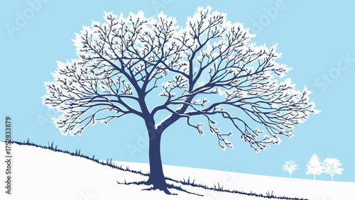 Peaceful Winter Scene with Frosted Bare Tree on Snowy Hill. Ideal for Seasonal Advertising, Holiday Greetings, and Nature-Themed Designs.