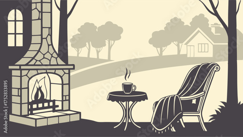 Cozy Autumn Winter Home Scene with Fireplace Armchair Coffee and Blanket for Relaxation Lifestyle