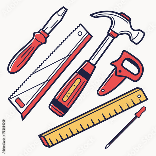 A collection of colorful hand drawn illustration style tools including a hammer saws screwdrivers and a ruler on a white background