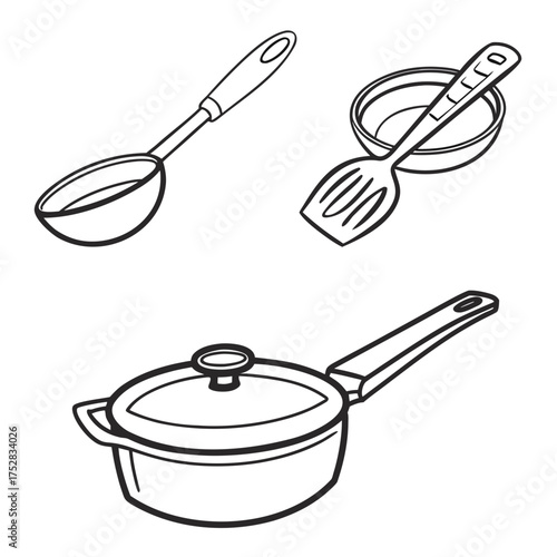 A collection of simple line art illustrations of kitchen utensils including a ladle a spatula and a covered pot perfect for cooking and food preparation