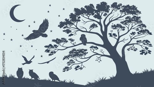 Peaceful Night Forest Silhouette with Owls Perching and Flying Birds Under Crescent Moon and Stars Vector Illustration