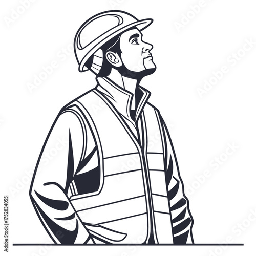 A construction worker wearing a hard hat and safety vest looking up with determination and hope for the future of his project