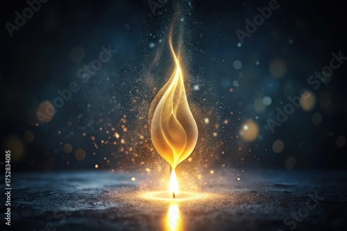 A mystical golden flame ascends, emanating radiant light and shimmering particles on a dark background