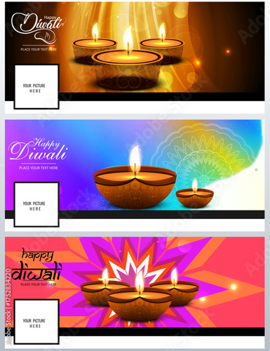 Happy Diwali Facebook cover template with glowing clay diya lamps, colorful festive backgrounds, light effect, festival of lights celebration banner design, editable vector social media post layout